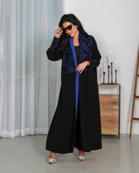 Black Crepe Abaya with Blue Embroidered Velvet IB253 Blue